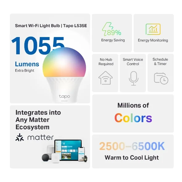 Tapo L535E Smart Wi-Fi Multicolor Light Bulb (1055 Lumens, Matter & Voice Control) view 1