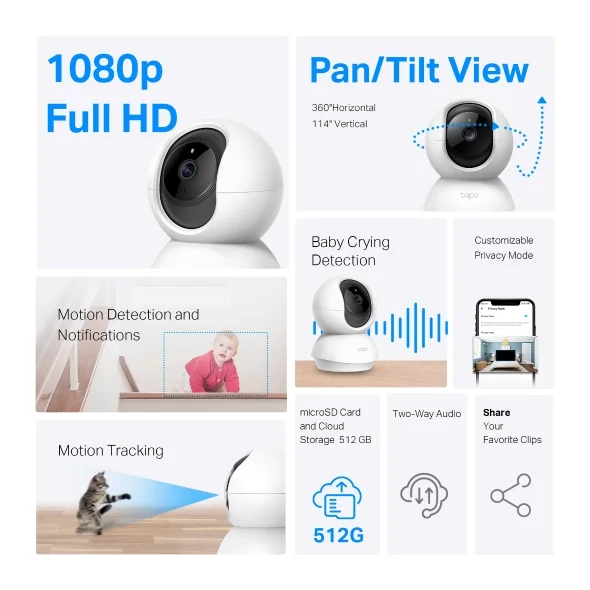 Tapo TP-Link C200 360° 2MP 1080p Full HD Pan/Tilt Home Security Wi-Fi Smart Camera| Alexa Enabled| 2-Way Audio| Night Vision| Motion Detection| Sound and Light Alarm| Indoor CCTV view 1